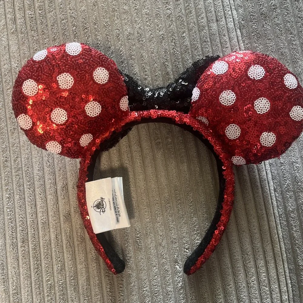 Disney Park White Bow Red Polka Dot Minnie Mouse Ears Sequins Headband Kid Adult - Picture 2 of 7
